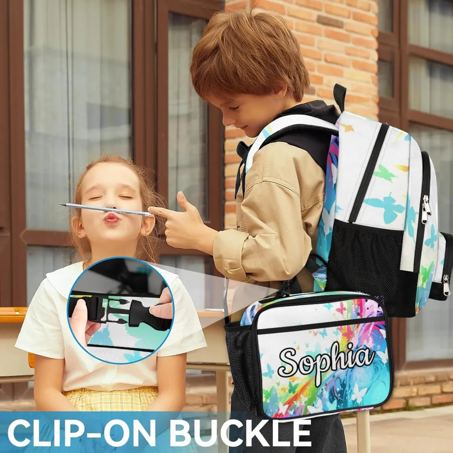 Custom Name Backpack with Lunch Box Set, Butterfly Rainbow Personalized Backpacks and Lunch Bag Shoulder Bag Daypack, Customized Gifts with Butterfly Silhouette