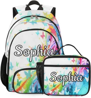 Custom Name Backpack with Lunch Box Set, Butterfly Rainbow Personalized Backpacks and Lunch Bag Shoulder Bag Daypack, Customized Gifts with Butterfly Silhouette