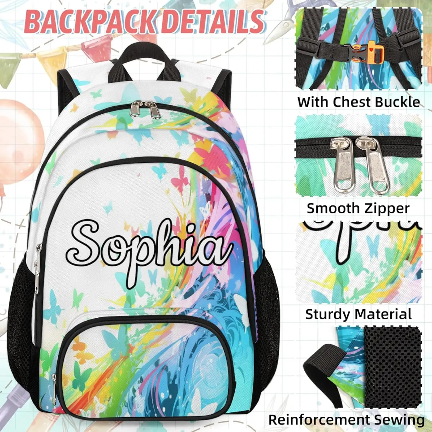 Custom Name Backpack with Lunch Box Set, Butterfly Rainbow Personalized Backpacks and Lunch Bag Shoulder Bag Daypack, Customized Gifts with Butterfly Silhouette