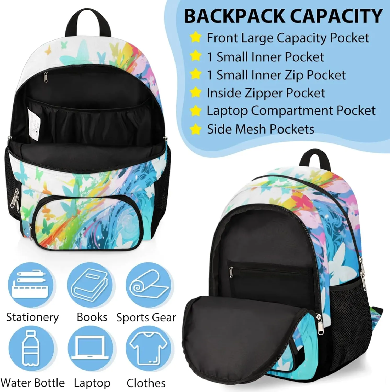 Custom Name Backpack with Lunch Box Set, Butterfly Rainbow Personalized Backpacks and Lunch Bag Shoulder Bag Daypack, Customized Gifts with Butterfly Silhouette