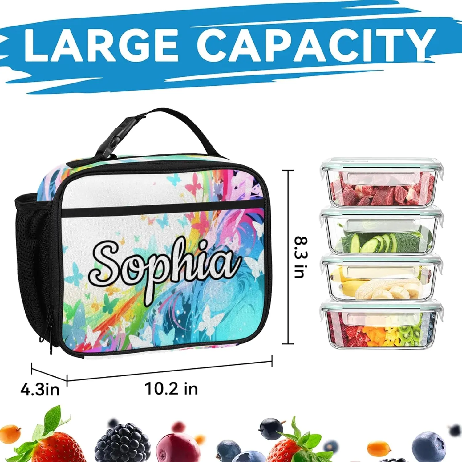 Custom Name Backpack with Lunch Box Set, Butterfly Rainbow Personalized Backpacks and Lunch Bag Shoulder Bag Daypack, Customized Gifts with Butterfly Silhouette