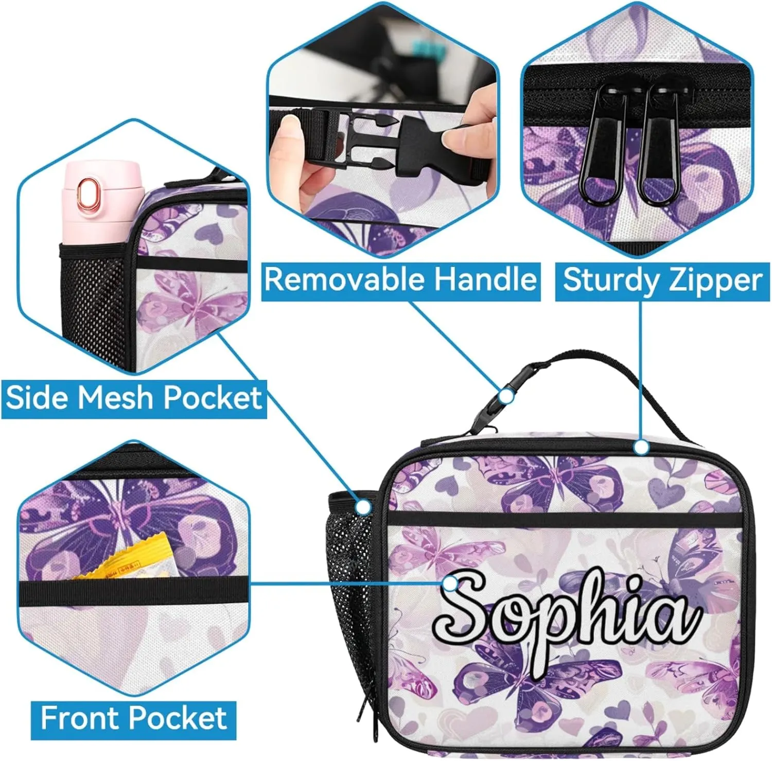 Custom Name Backpack with Lunch Box Set, Purple Butterfly Butterflies Personalized Backpacks and Lunch Bag Shoulder Bag Daypack, Customized Gifts with