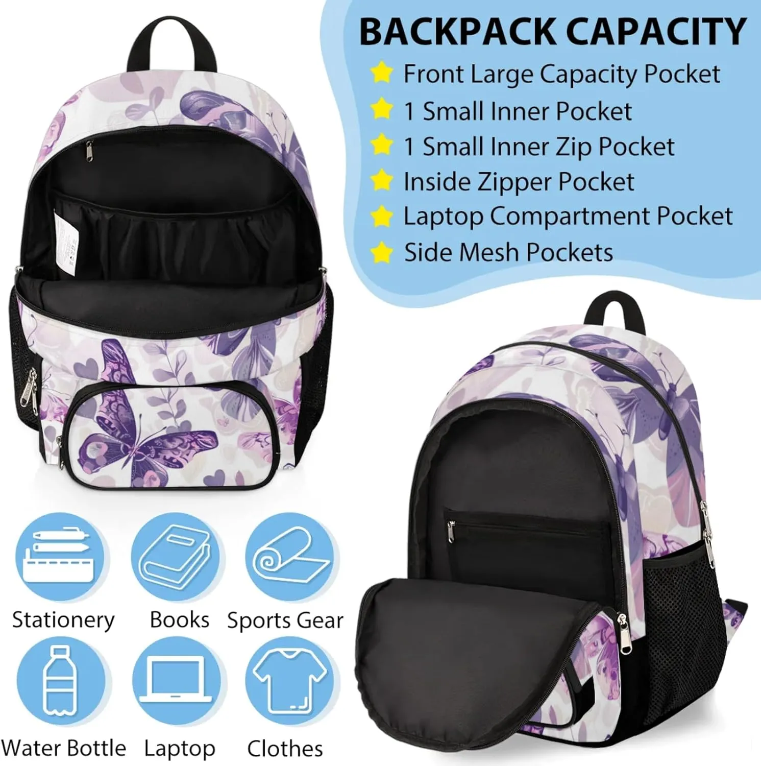 Custom Name Backpack with Lunch Box Set, Purple Butterfly Butterflies Personalized Backpacks and Lunch Bag Shoulder Bag Daypack, Customized Gifts with