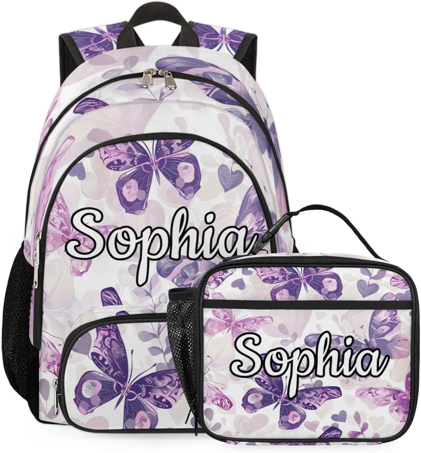 Custom Name Backpack with Lunch Box Set, Purple Butterfly Butterflies Personalized Backpacks and Lunch Bag Shoulder Bag Daypack, Customized Gifts with