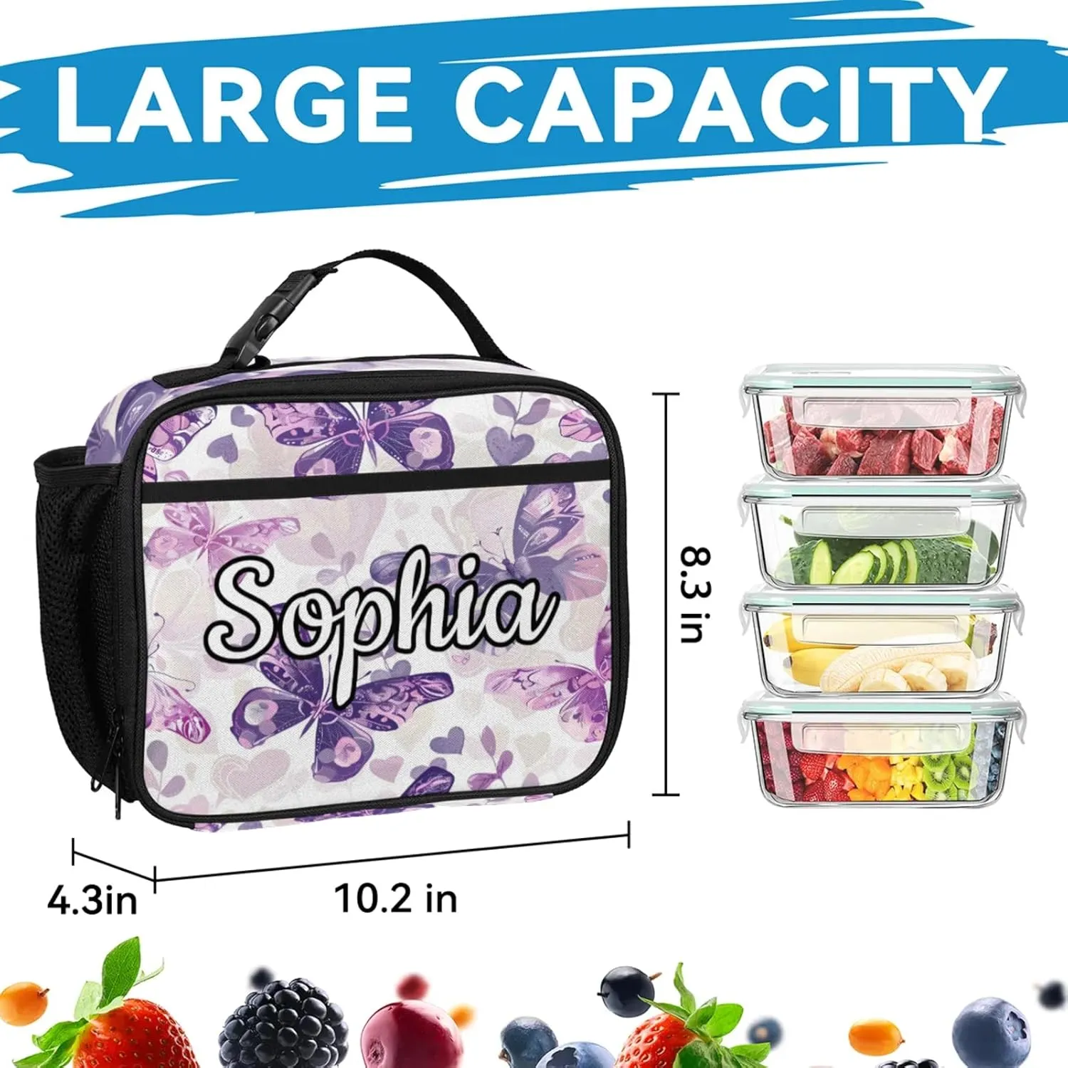 Custom Name Backpack with Lunch Box Set, Purple Butterfly Butterflies Personalized Backpacks and Lunch Bag Shoulder Bag Daypack, Customized Gifts with