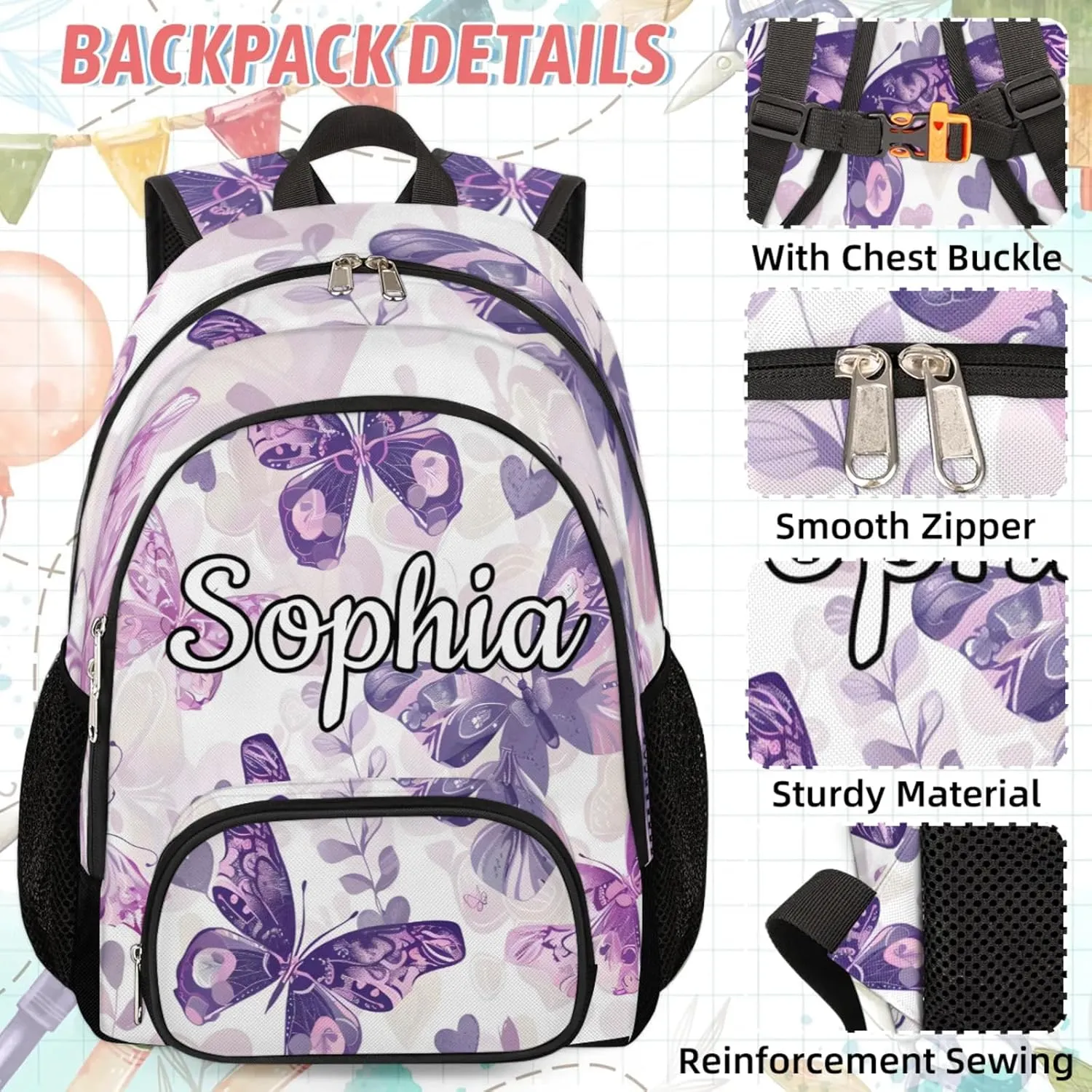 Custom Name Backpack with Lunch Box Set, Purple Butterfly Butterflies Personalized Backpacks and Lunch Bag Shoulder Bag Daypack, Customized Gifts with