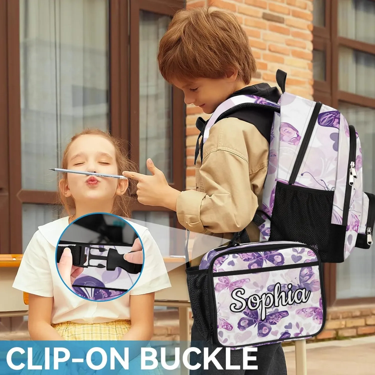 Custom Name Backpack with Lunch Box Set, Purple Butterfly Butterflies Personalized Backpacks and Lunch Bag Shoulder Bag Daypack, Customized Gifts with