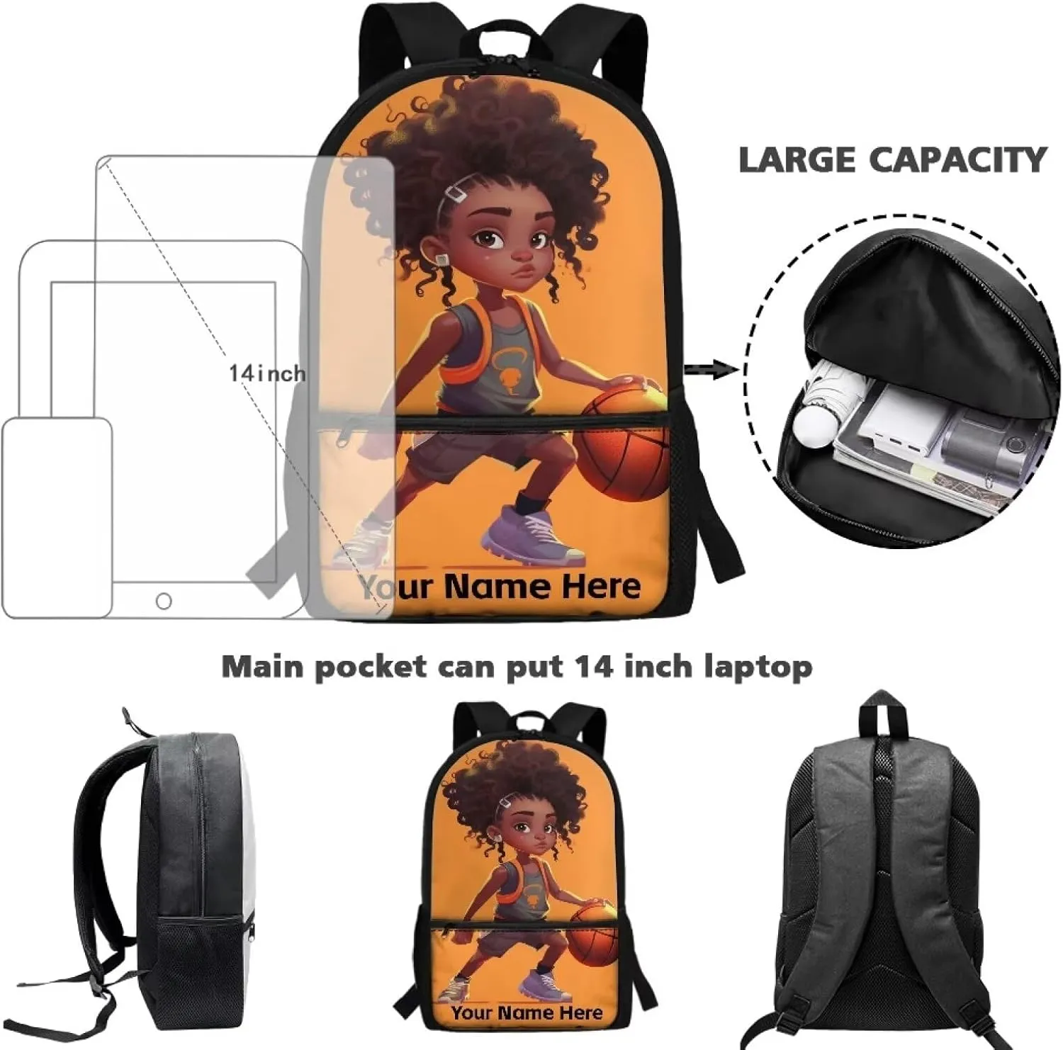 Custom Name Black Girl Backpack for School Basketball Bookbag for Kids Ages 5-7 8-10 Personalized Backpacks Boys African School Bag With Side Pockets Middle Student Back Packs 17inch