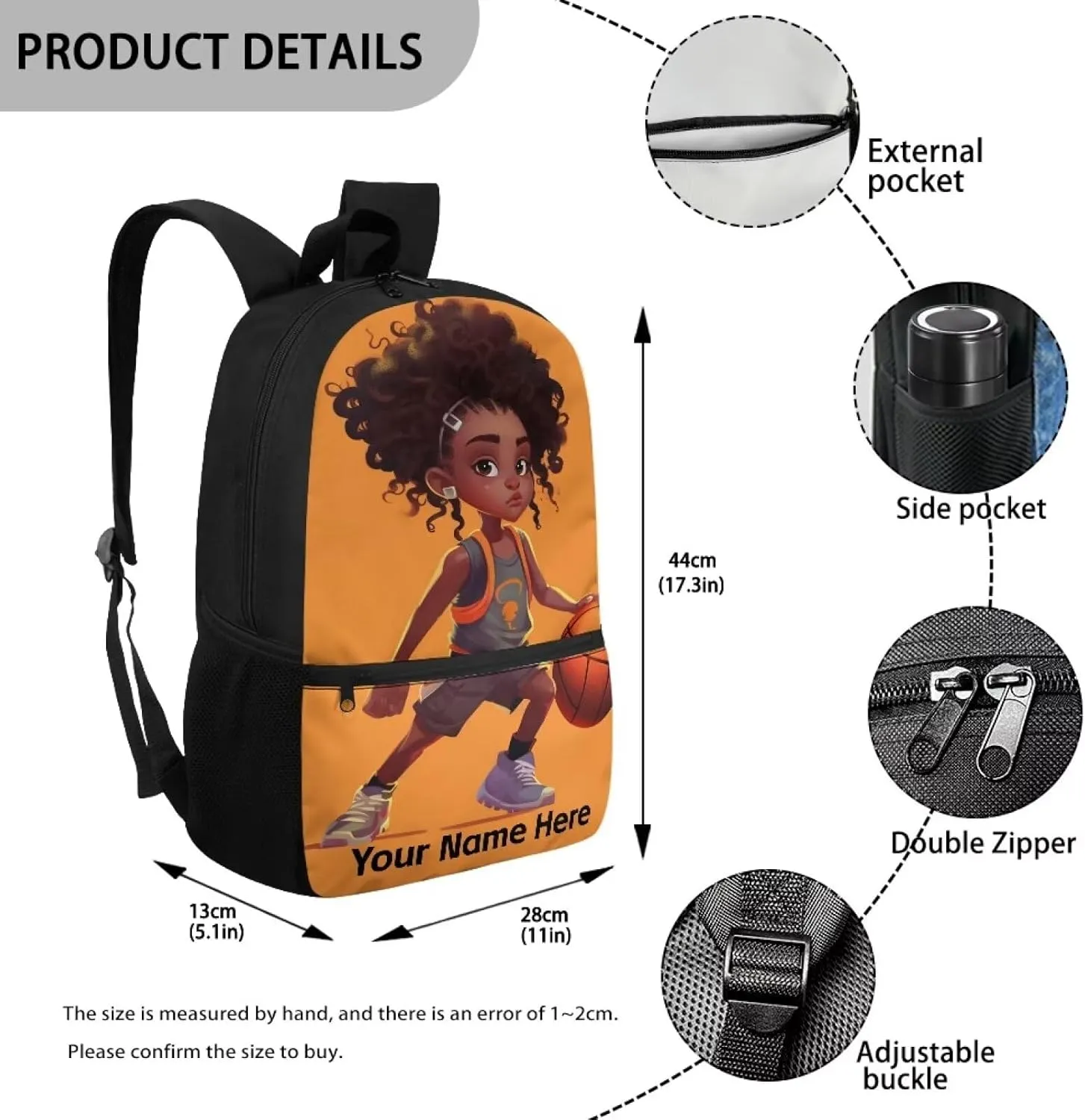 Custom Name Black Girl Backpack for School Basketball Bookbag for Kids Ages 5-7 8-10 Personalized Backpacks Boys African School Bag With Side Pockets Middle Student Back Packs 17inch