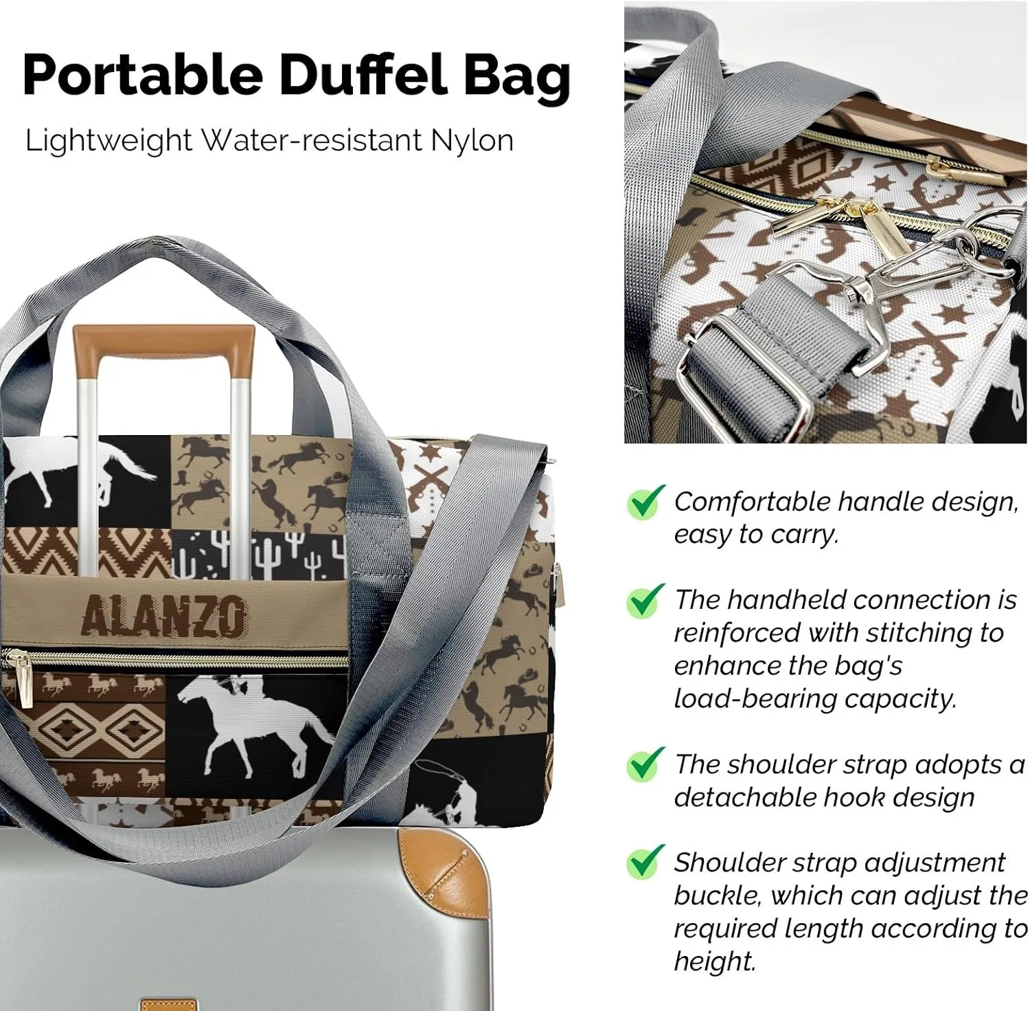 Custom Name Cowboy Western Patchwork Travel Duffel Bag Large Foldable Waterproof Overnight Bag for Beach Swim Bags Pool Sports Gym