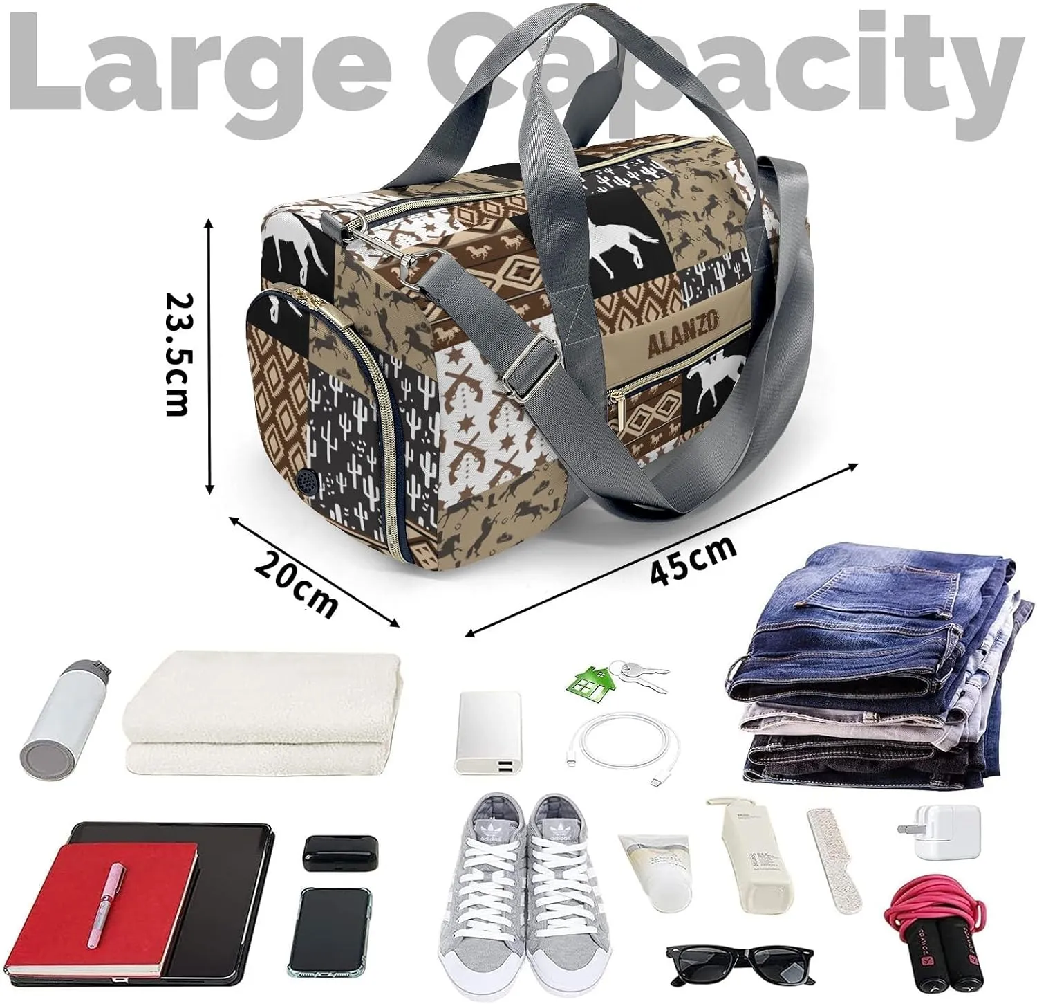 Custom Name Cowboy Western Patchwork Travel Duffel Bag Large Foldable Waterproof Overnight Bag for Beach Swim Bags Pool Sports Gym