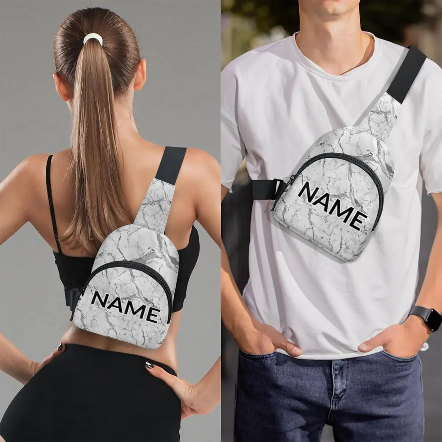 Custom Sling Bag Grey White Marble Cross Body Customize Chest Bag Marble Daypack for Outdoors Travel Hiking Sports