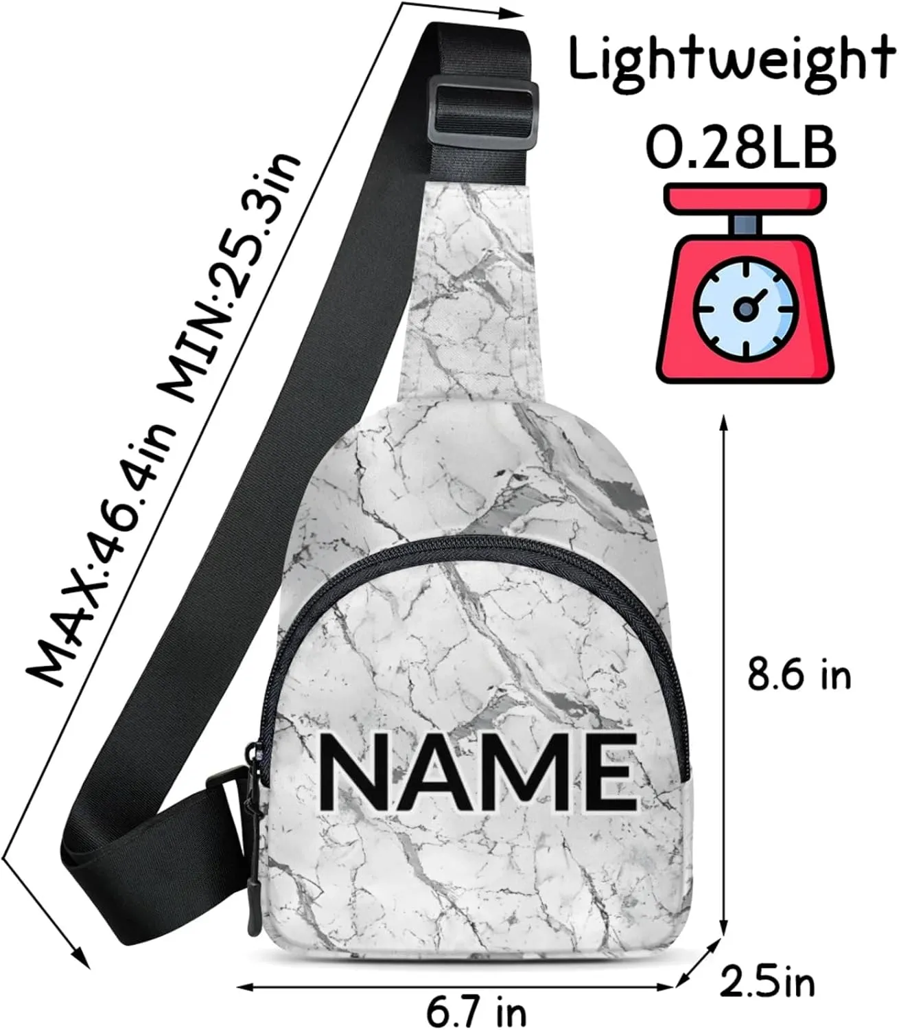 Custom Sling Bag Grey White Marble Cross Body Customize Chest Bag Marble Daypack for Outdoors Travel Hiking Sports