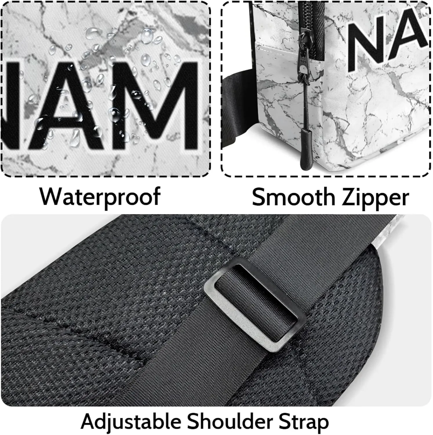 Custom Sling Bag Grey White Marble Cross Body Customize Chest Bag Marble Daypack for Outdoors Travel Hiking Sports