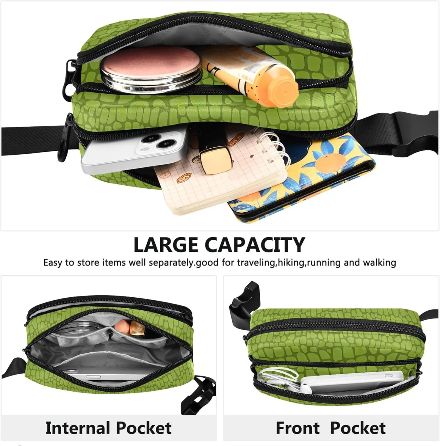 Customized Alligator Skin Green Crocodile Women Fanny Pack Hip Pack Belt Pouch Waterproof Festival Waist Pouches for Men
