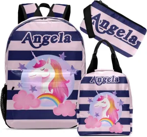 Customized Stripe Unicorn Backpacks Set with Name Multifunctional Series Pack 1Casual Pack  1Lunch Handbag  1Pencil Case