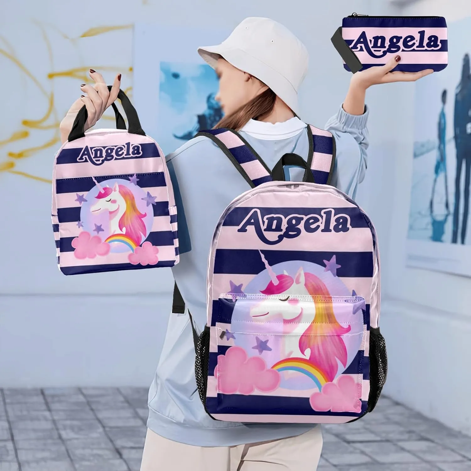 Customized Stripe Unicorn Backpacks Set with Name Multifunctional Series Pack 1Casual Pack  1Lunch Handbag  1Pencil Case