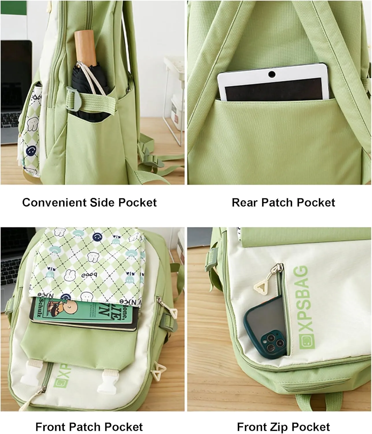 Cute Backpack 4Pcs Set for Student with Kawaii Accessories - School Bags for Teen Girls Bookbag Back to School Supplies, D Black