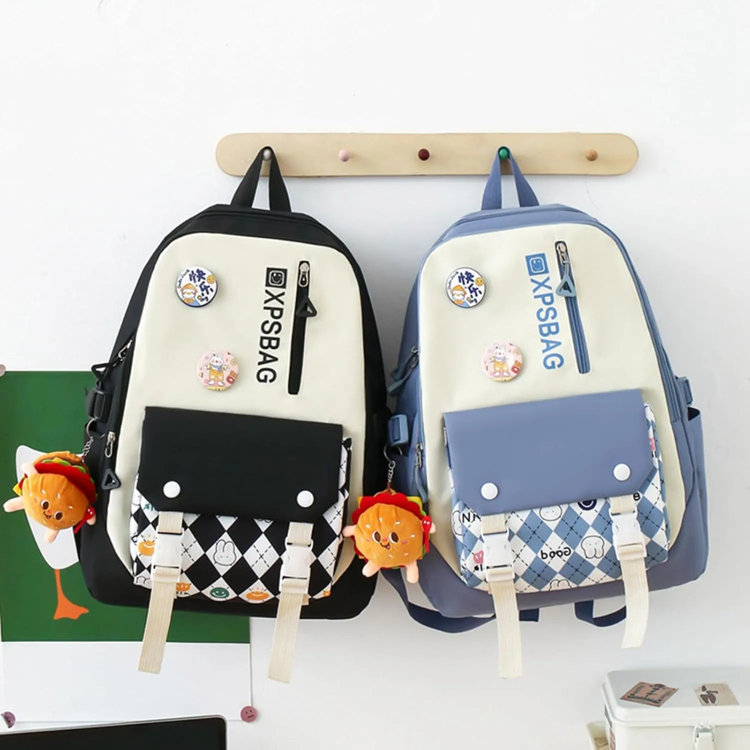 Cute Backpack 4Pcs Set for Student with Kawaii Accessories - School Bags for Teen Girls Bookbag Back to School Supplies, D Black