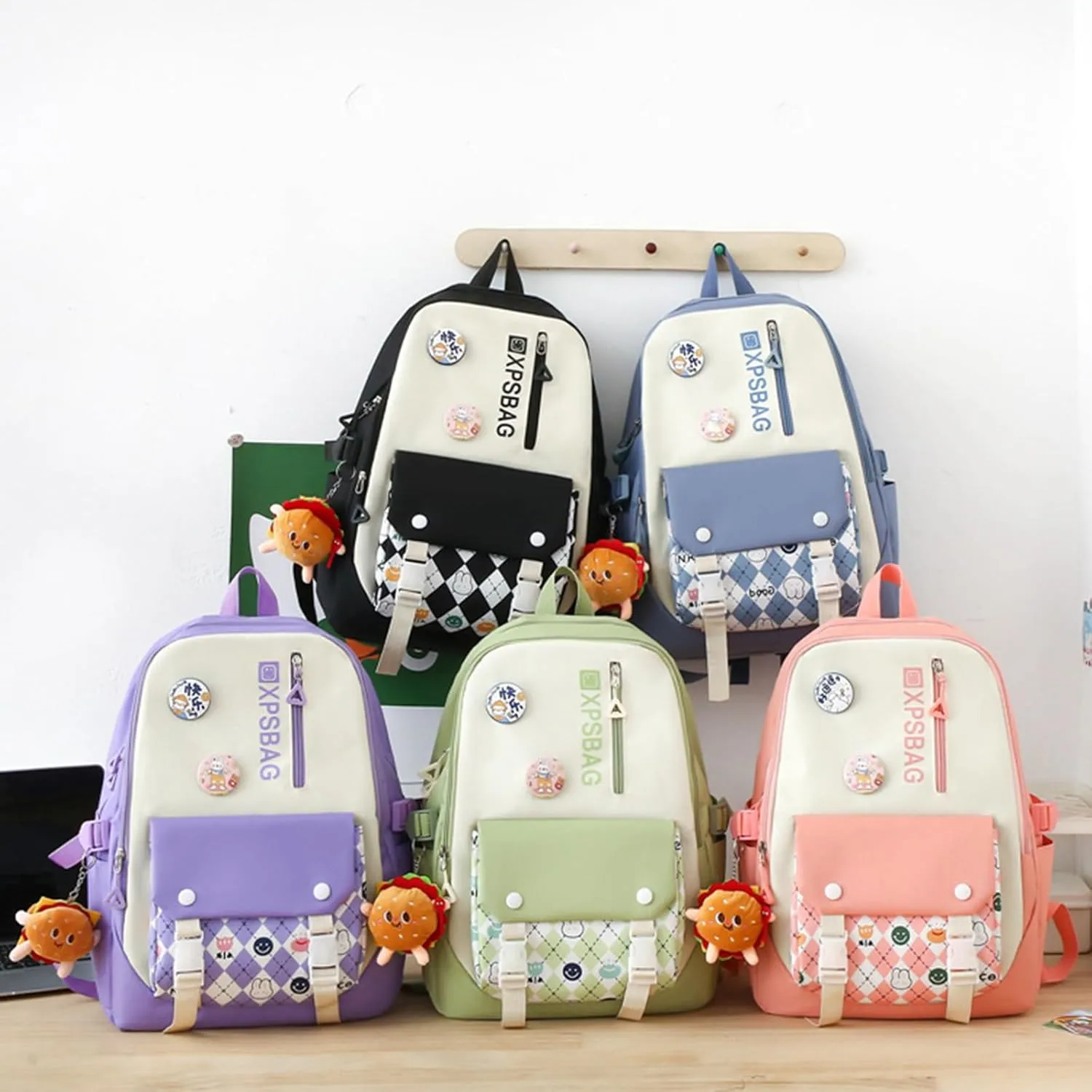 Cute Backpack 4Pcs Set for Student with Kawaii Accessories - School Bags for Teen Girls Bookbag Back to School Supplies, D Black