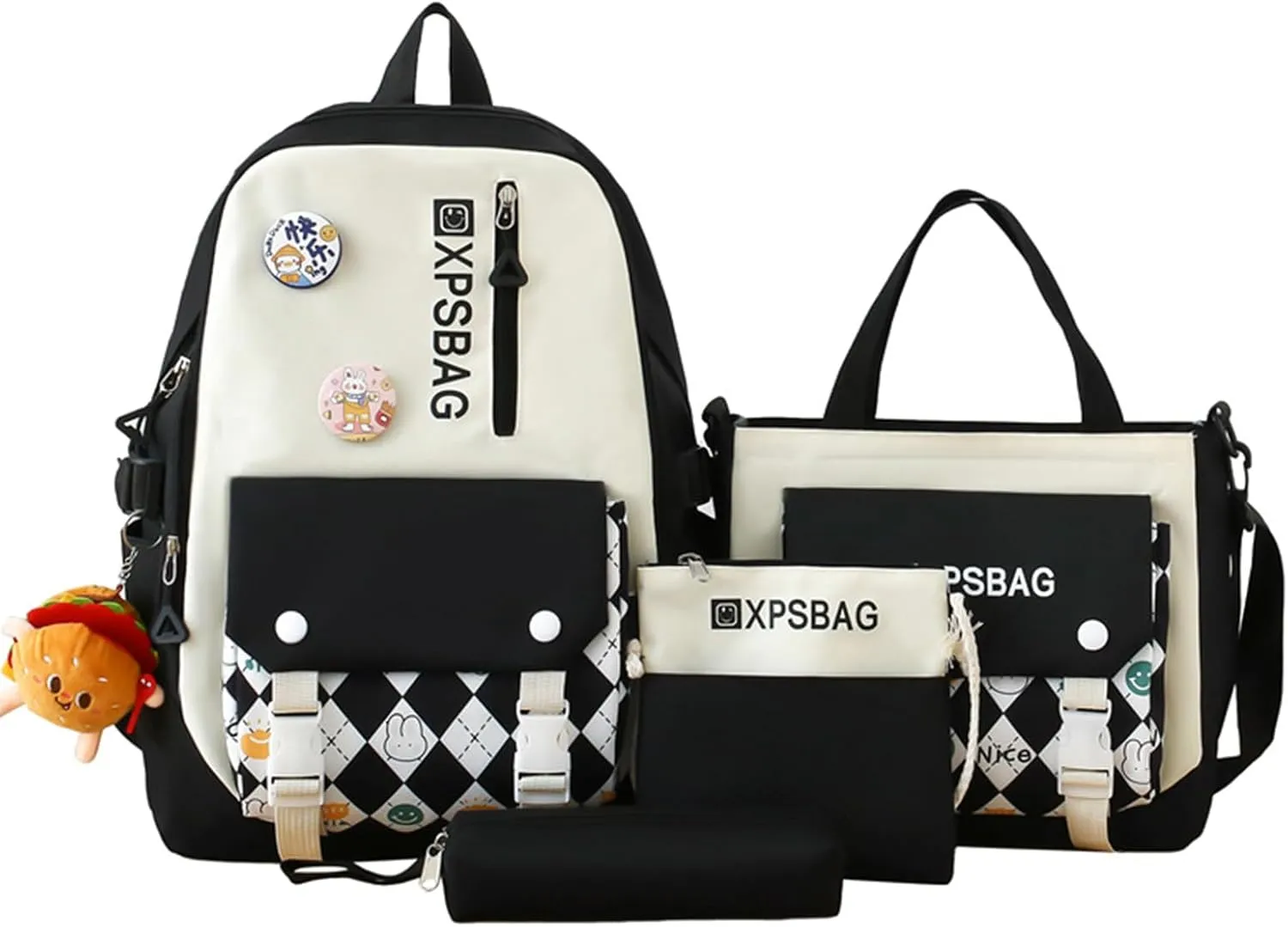 Cute Backpack 4Pcs Set for Student with Kawaii Accessories - School Bags for Teen Girls Bookbag Back to School Supplies, D Black