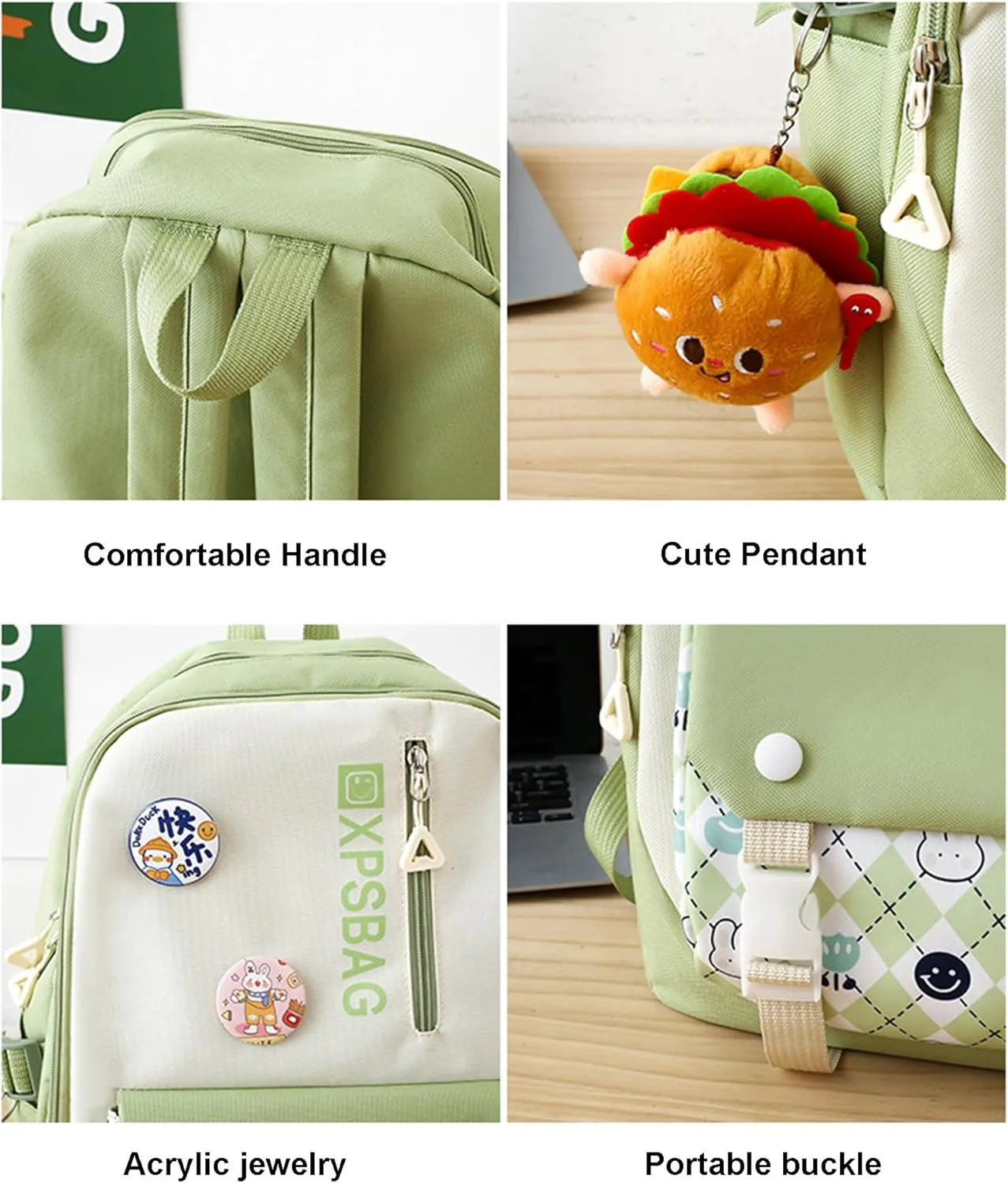 Cute Backpack 4Pcs Set for Student with Kawaii Accessories - School Bags for Teen Girls Bookbag Back to School Supplies, D Black