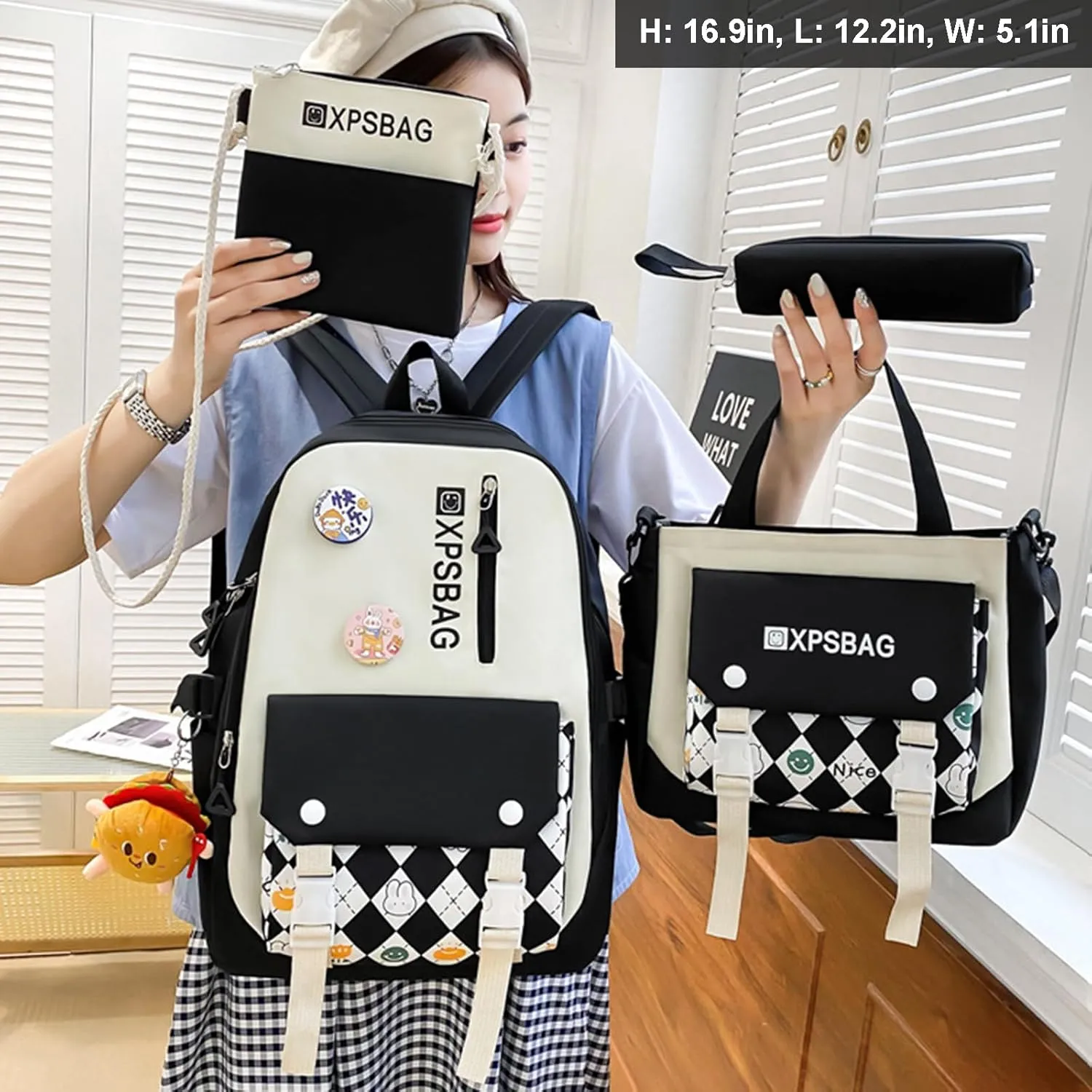 Cute Backpack 4Pcs Set for Student with Kawaii Accessories - School Bags for Teen Girls Bookbag Back to School Supplies, D Black