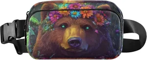 Cute Bear Colorful Flowers Fanny Pack for Women Waterproof Large Hip Belt Bag Bright Travel Waist Pack for Men