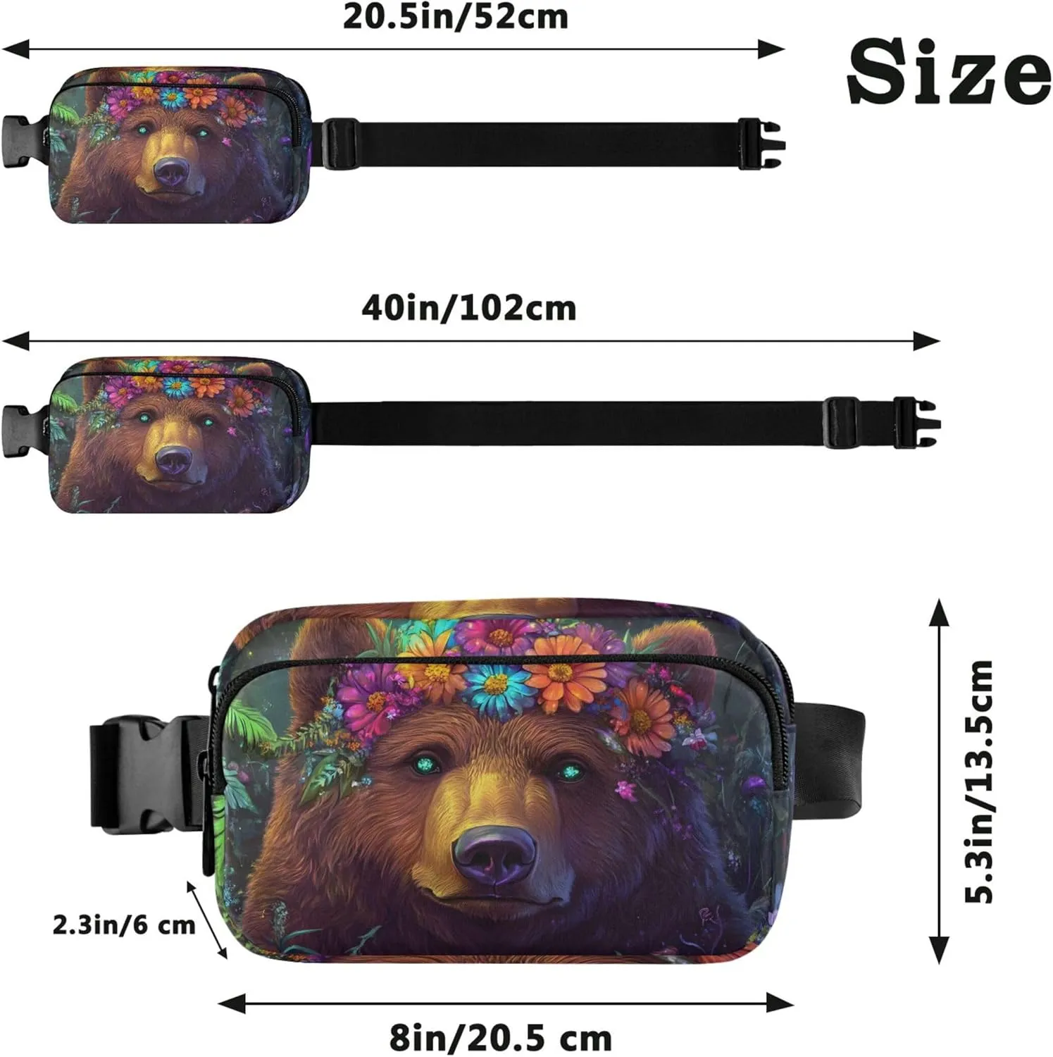 Cute Bear Colorful Flowers Fanny Pack for Women Waterproof Large Hip Belt Bag Bright Travel Waist Pack for Men