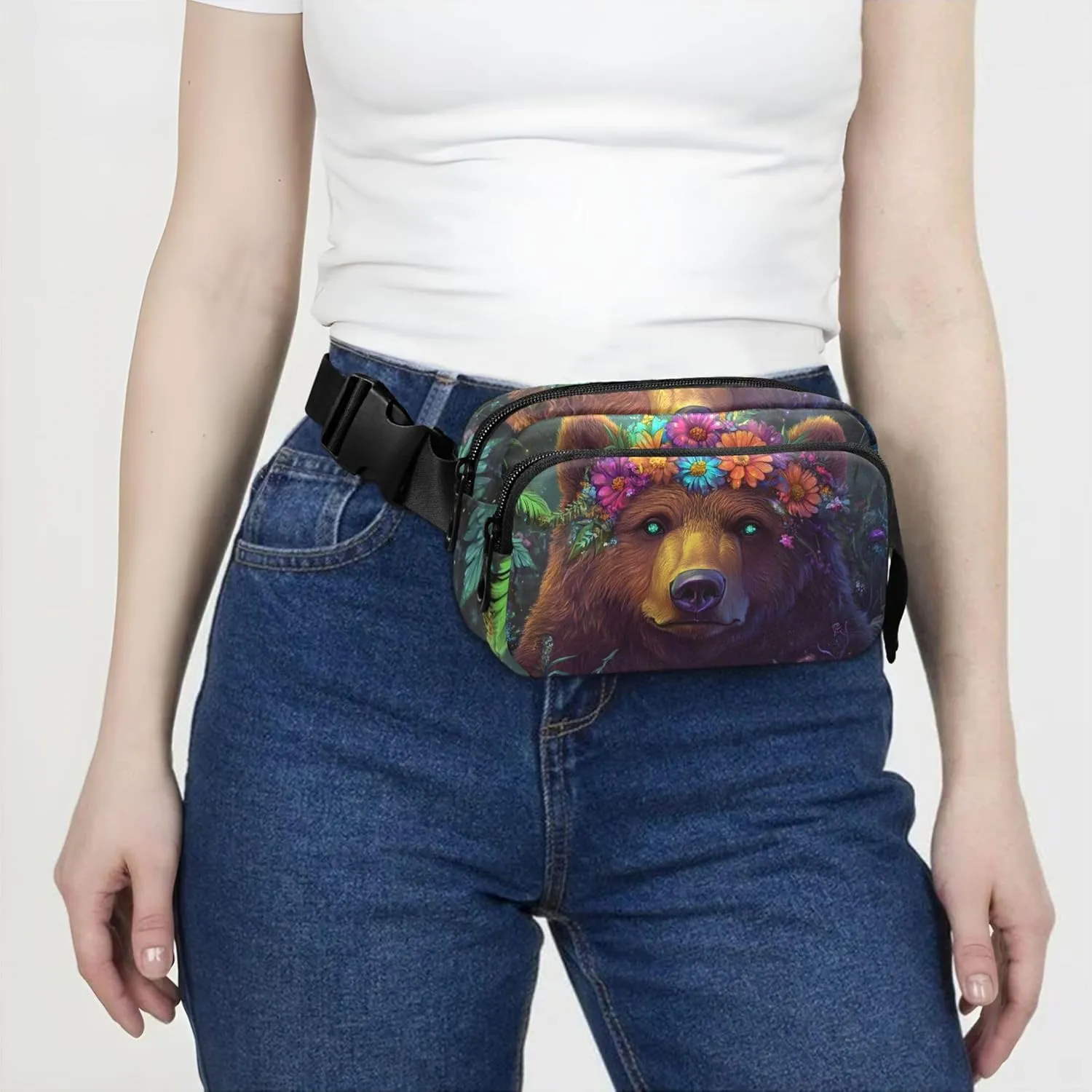 Cute Bear Colorful Flowers Fanny Pack for Women Waterproof Large Hip Belt Bag Bright Travel Waist Pack for Men