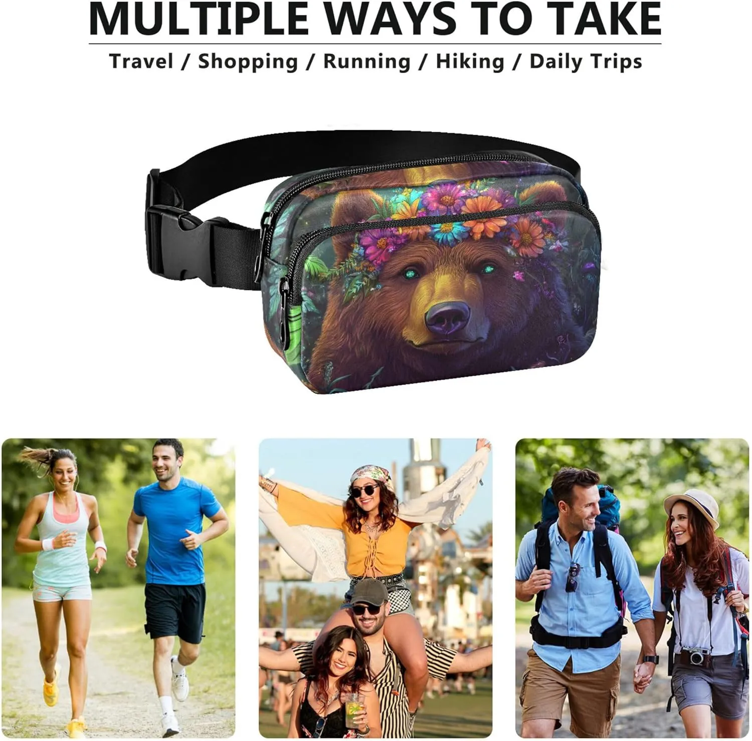 Cute Bear Colorful Flowers Fanny Pack for Women Waterproof Large Hip Belt Bag Bright Travel Waist Pack for Men