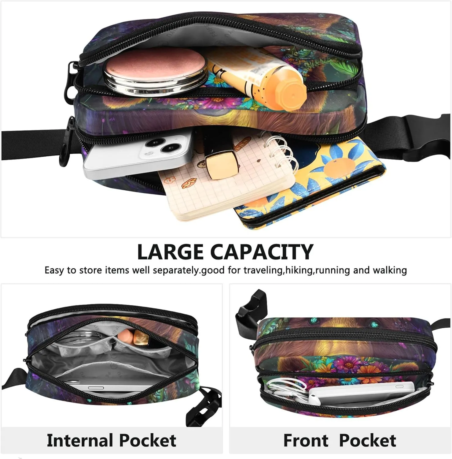 Cute Bear Colorful Flowers Fanny Pack for Women Waterproof Large Hip Belt Bag Bright Travel Waist Pack for Men