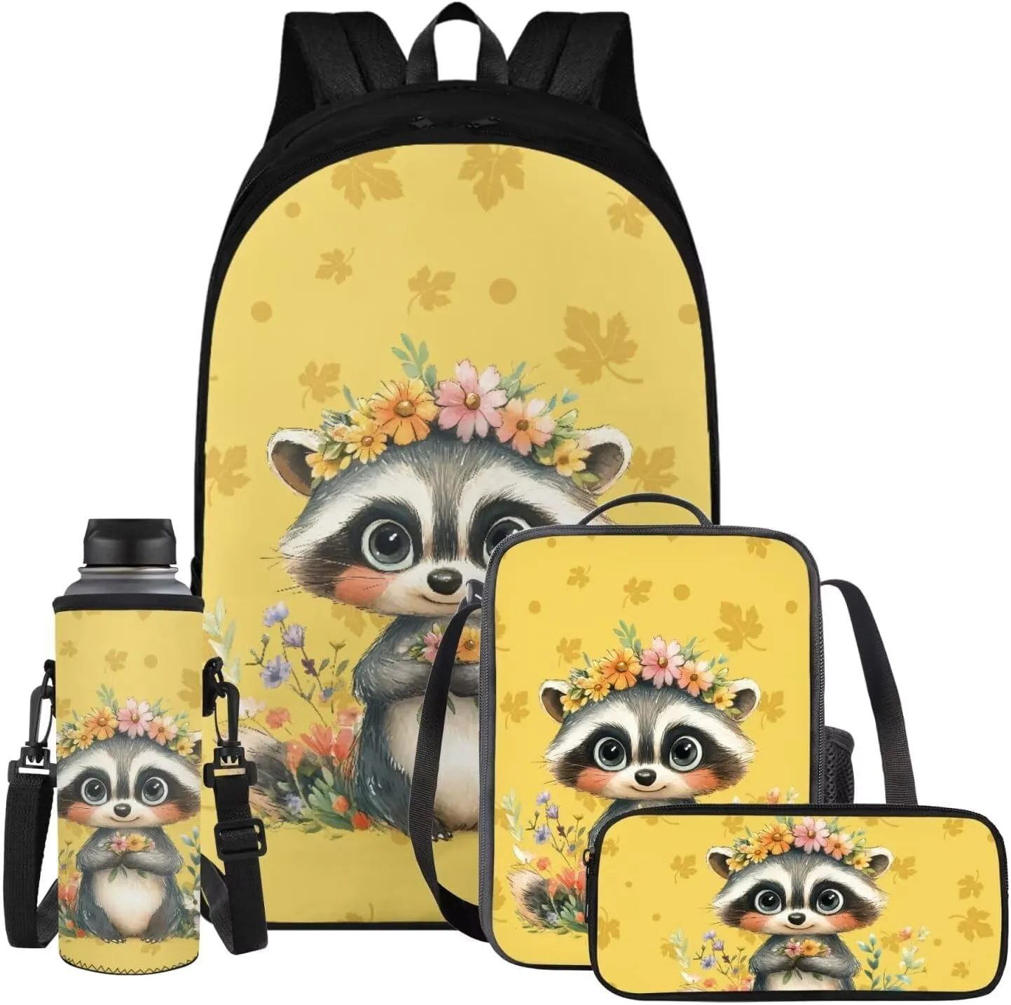 Cute Bookbags for Girls with Lunchbox Raccoon Kawaii Backpack for School Kids School Bag Multifunctional 5th Grade Backpacks for Girls Travel Daypack Set for Elementary Students