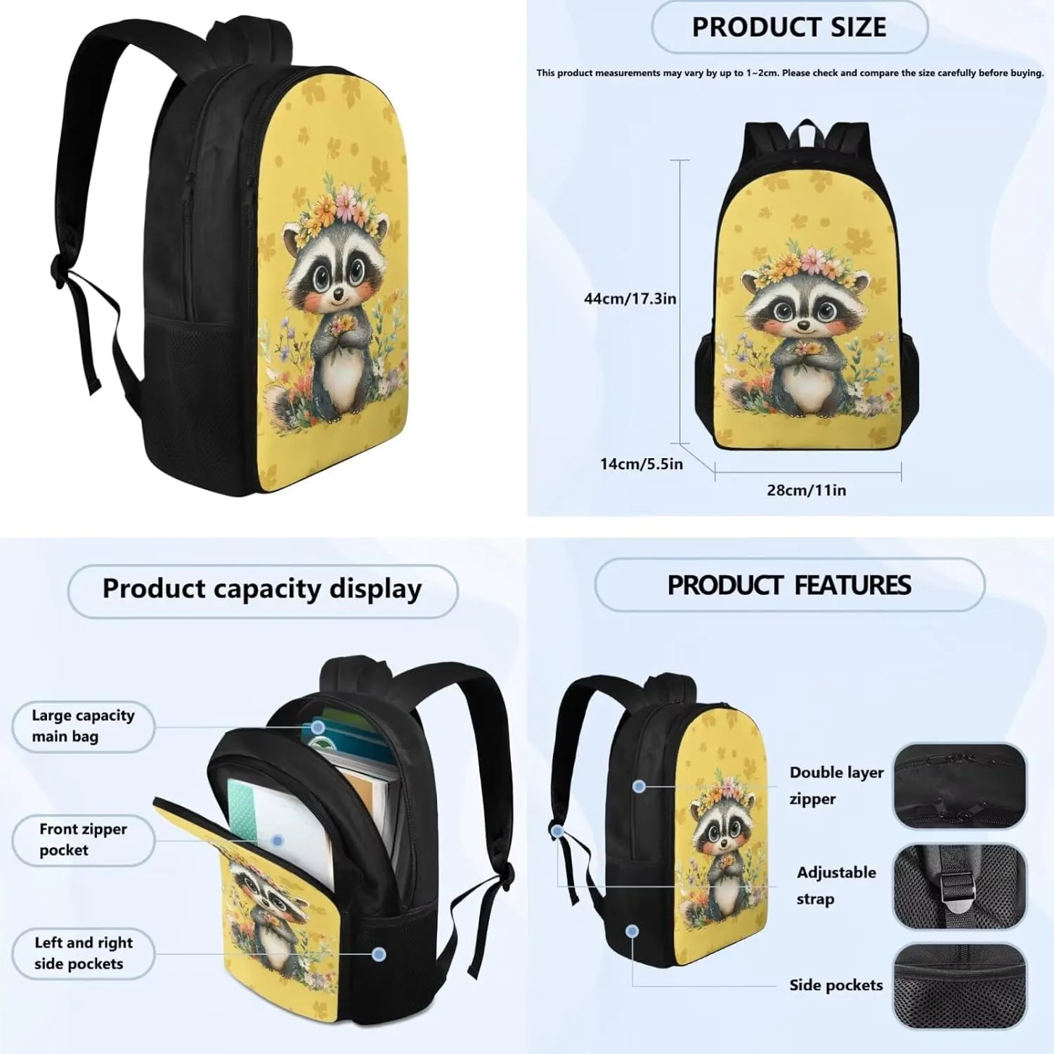 Cute Bookbags for Girls with Lunchbox Raccoon Kawaii Backpack for School Kids School Bag Multifunctional 5th Grade Backpacks for Girls Travel Daypack Set for Elementary Students