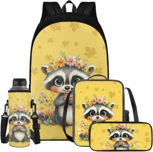 Cute Bookbags for Girls with Lunchbox Raccoon Kawaii Backpack for School Kids School Bag Multifunctional 5th Grade Backpacks for Girls Travel Daypack Set for Elementary Students