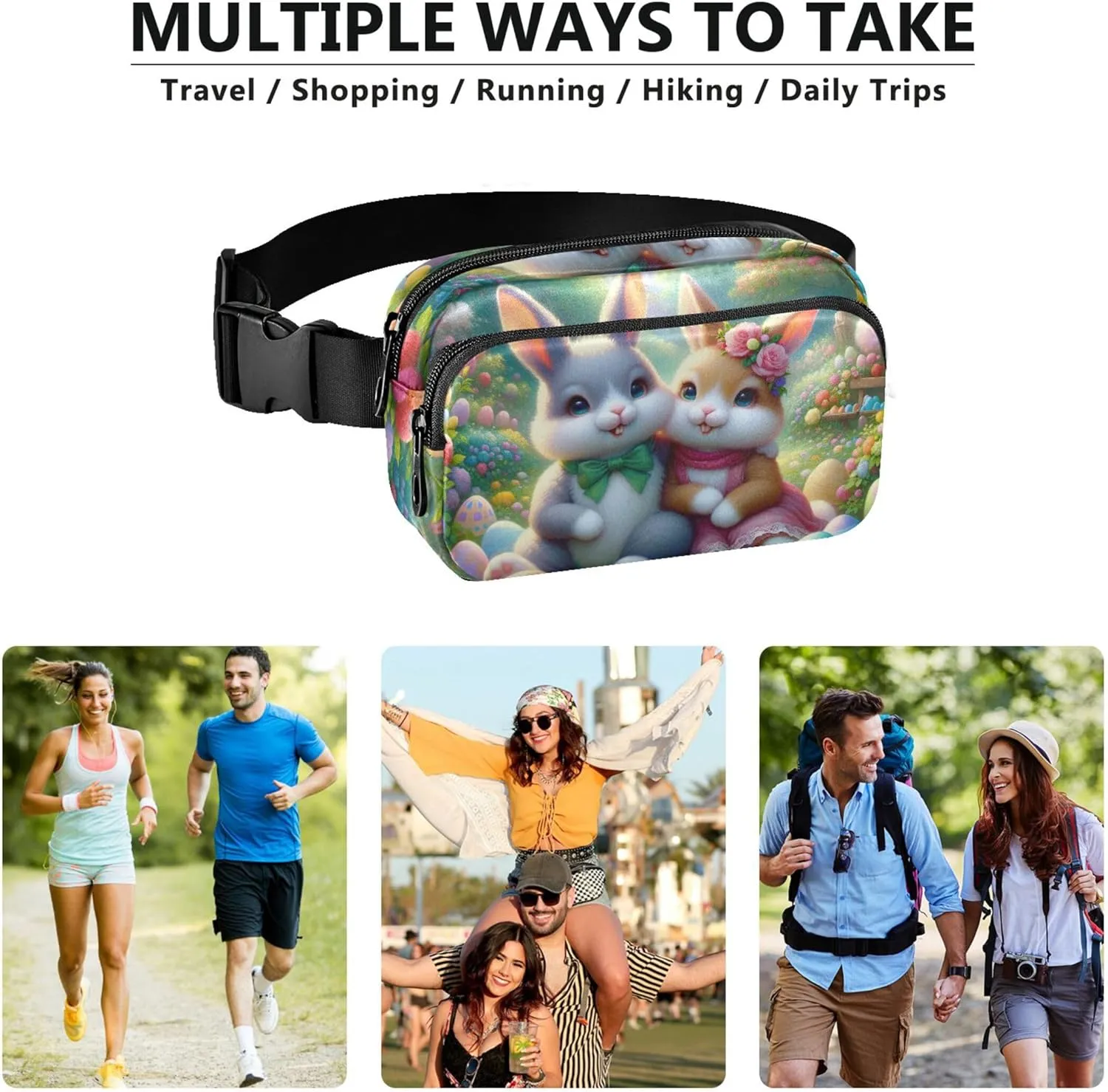 Cute Bunny Friends Colorful Meadow Fanny Pack for Women Waterproof Large Hip Belt Bag Hiking Waist Pack for Women