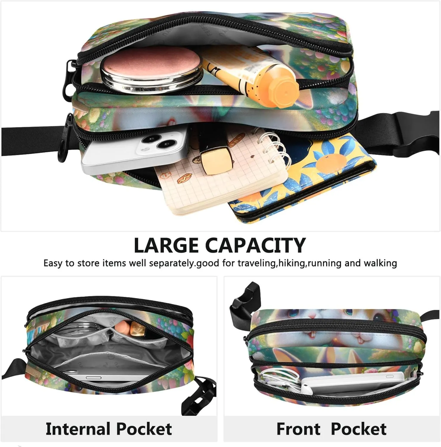 Cute Bunny Friends Colorful Meadow Fanny Pack for Women Waterproof Large Hip Belt Bag Hiking Waist Pack for Women