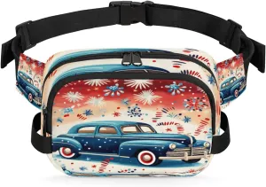 Cute Cartoon Blue Car Fanny Pack for Men Women Crossbody Waist Bag Sport Belt Bag with Multi Pockets for Travel Hiking Jogging Running