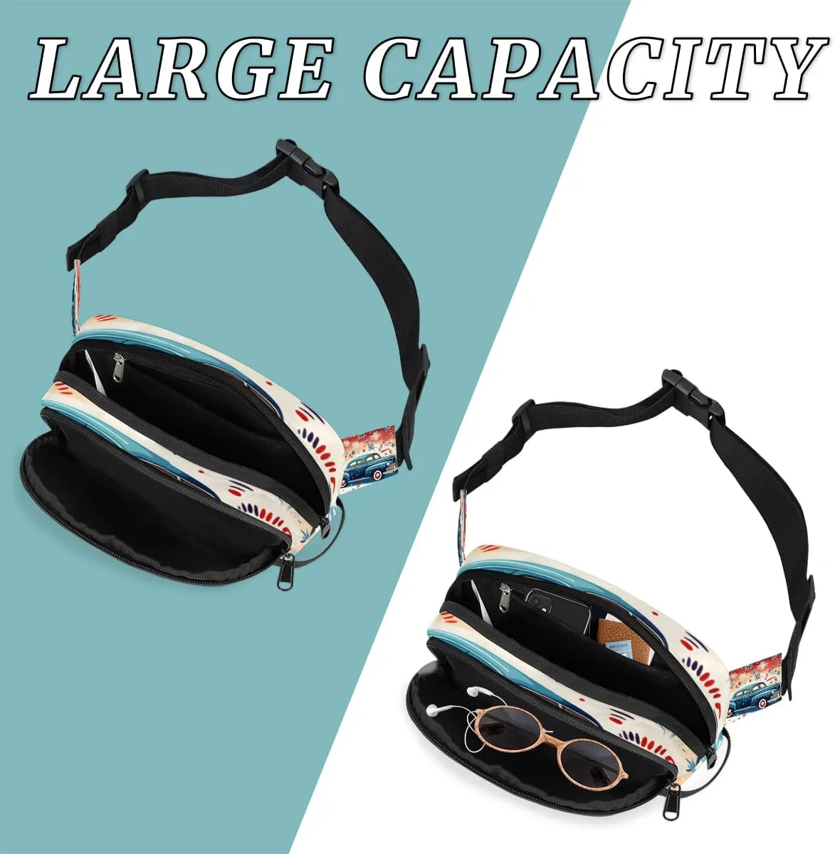 Cute Cartoon Blue Car Fanny Pack for Men Women Crossbody Waist Bag Sport Belt Bag with Multi Pockets for Travel Hiking Jogging Running