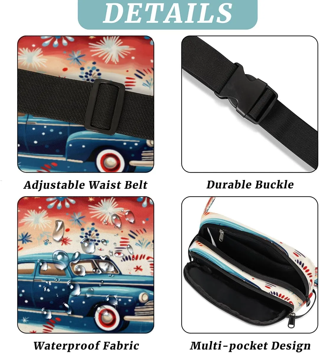 Cute Cartoon Blue Car Fanny Pack for Men Women Crossbody Waist Bag Sport Belt Bag with Multi Pockets for Travel Hiking Jogging Running