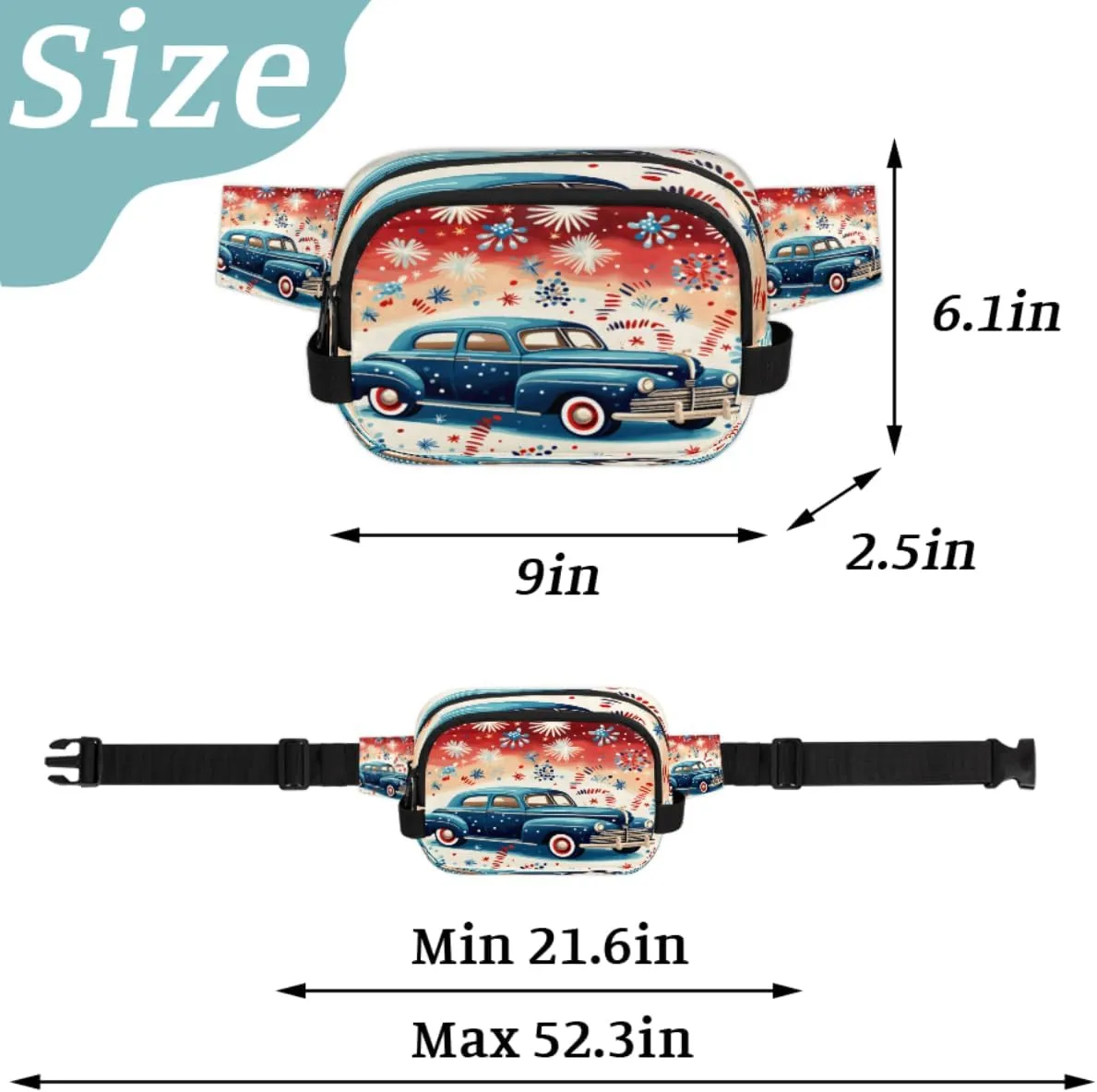 Cute Cartoon Blue Car Fanny Pack for Men Women Crossbody Waist Bag Sport Belt Bag with Multi Pockets for Travel Hiking Jogging Running