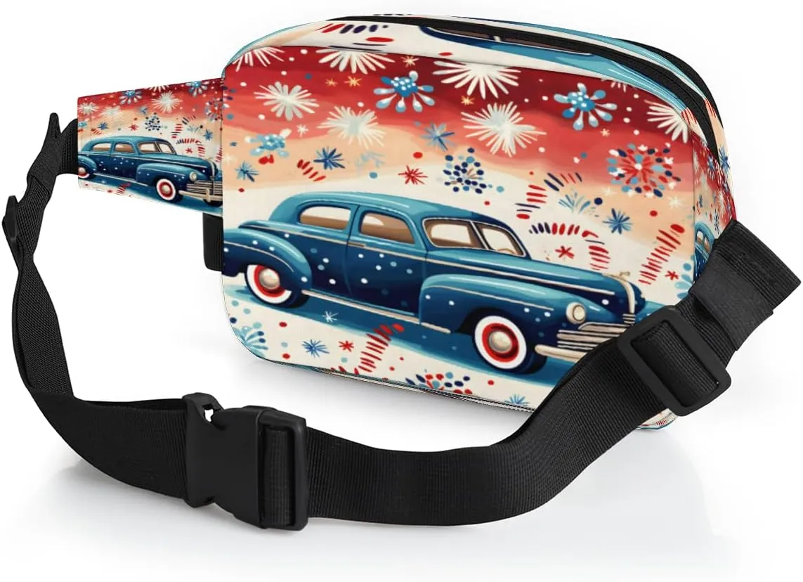 Cute Cartoon Blue Car Fanny Pack for Men Women Crossbody Waist Bag Sport Belt Bag with Multi Pockets for Travel Hiking Jogging Running