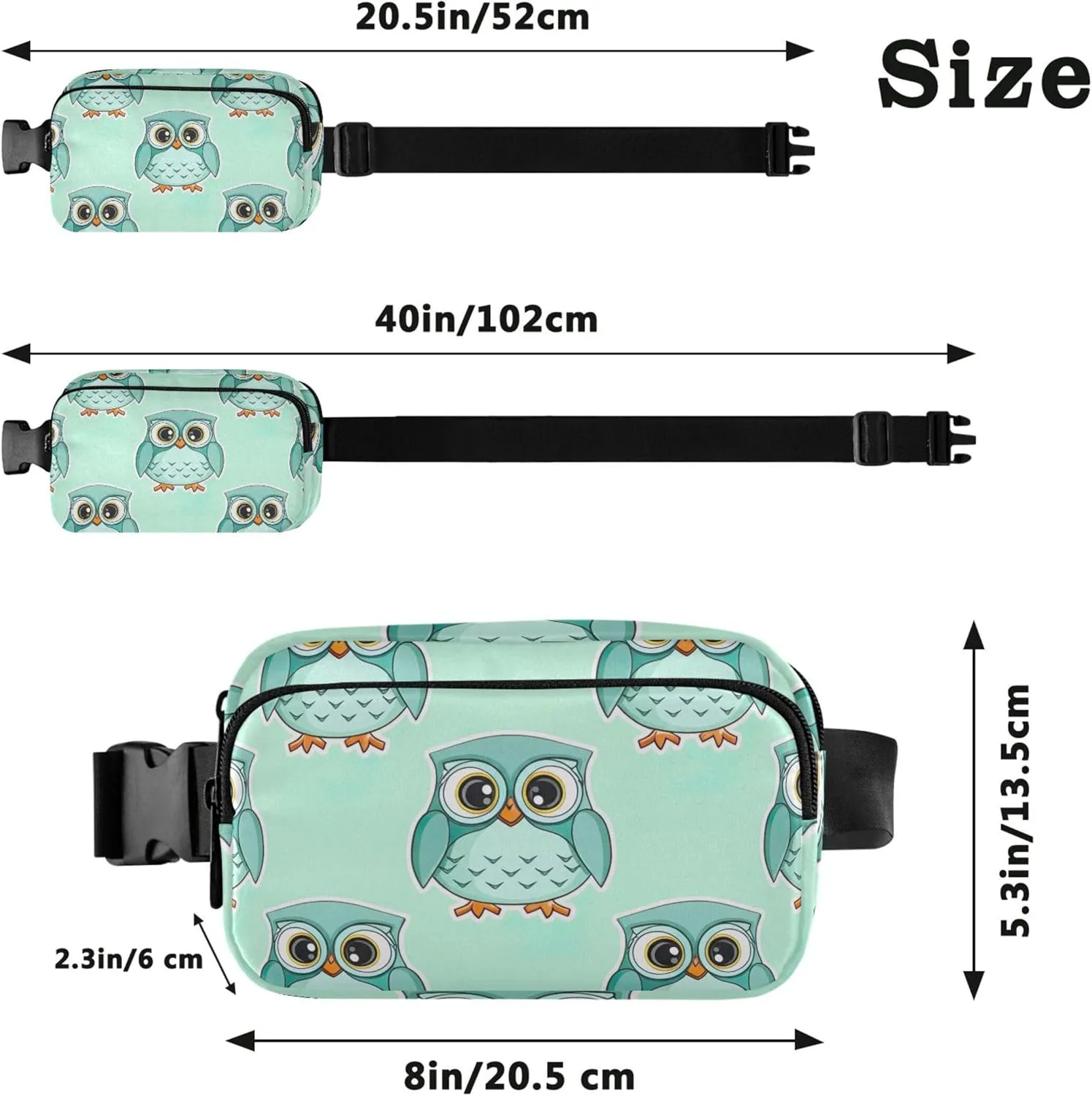 Cute Cartoon Owls Turquoise Women Fanny Packs Waterproof Belt Bags Hip Pack Flower Cross Body Waist Purse