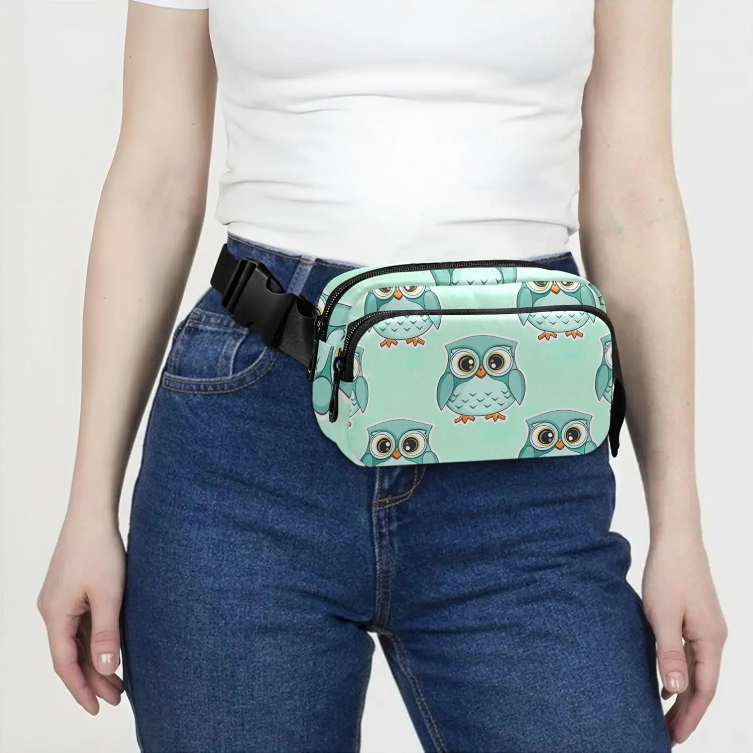Cute Cartoon Owls Turquoise Women Fanny Packs Waterproof Belt Bags Hip Pack Flower Cross Body Waist Purse