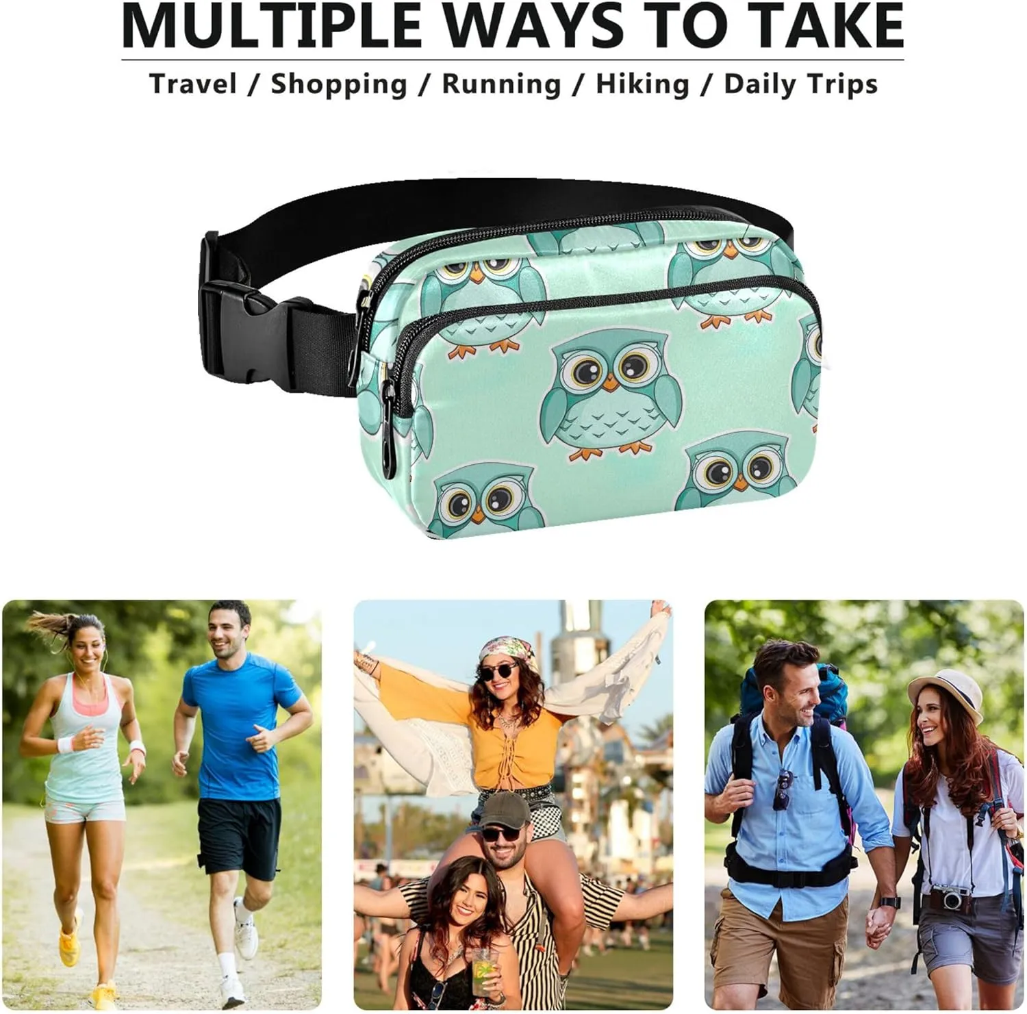 Cute Cartoon Owls Turquoise Women Fanny Packs Waterproof Belt Bags Hip Pack Flower Cross Body Waist Purse