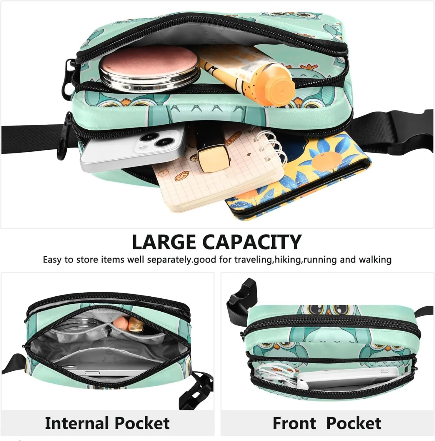 Cute Cartoon Owls Turquoise Women Fanny Packs Waterproof Belt Bags Hip Pack Flower Cross Body Waist Purse