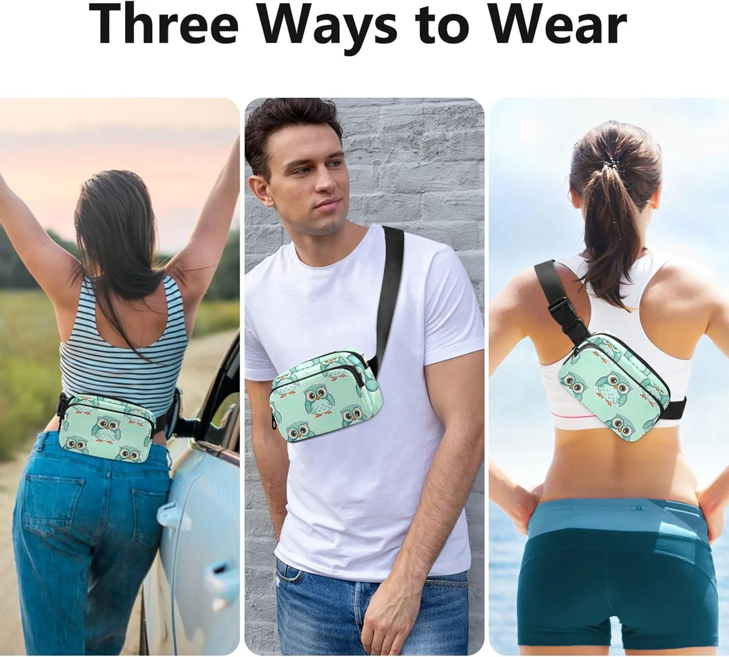 Cute Cartoon Owls Turquoise Women Fanny Packs Waterproof Belt Bags Hip Pack Flower Cross Body Waist Purse