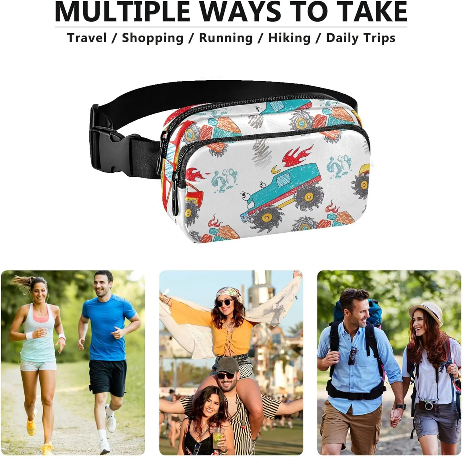 Cute Cartoon Trucks Fanny Pack for Women Trendy Hip Bag Belt Pouch Waterproof Crossbody Waist Purse