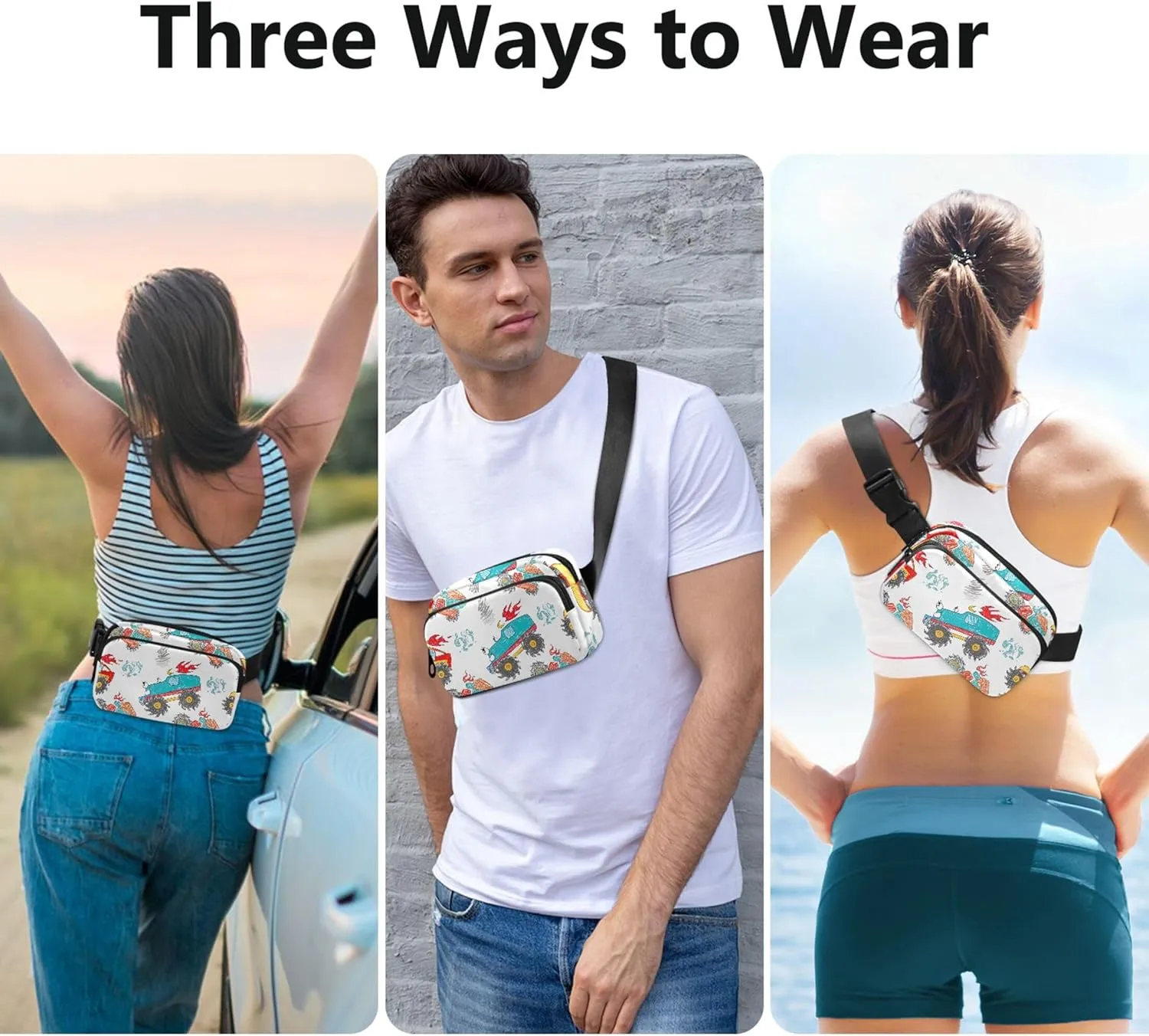 Cute Cartoon Trucks Fanny Pack for Women Trendy Hip Bag Belt Pouch Waterproof Crossbody Waist Purse