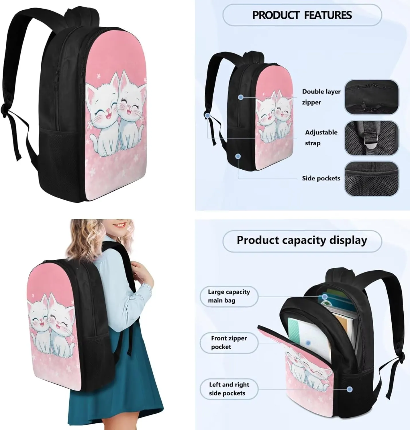 Cute Cat 4th Grade Backpack for Girls Kids Book Bag 4-in-1 Elementary School Bags for Girls Casual Daypack Backpacks with Lunch Box Pencil Case Bookmarks for Primary Students